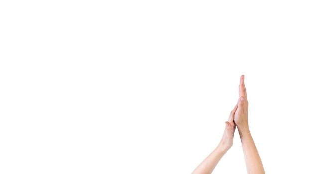 close up woman touching her palm white background