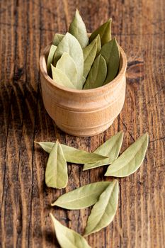 high angle bay leaves bowl