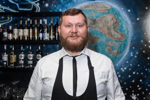 Bearded Adult Caucasian Looking Professional Bartender Portrait in Nightclub.