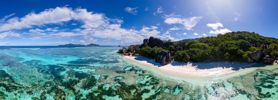 Anse Source d'Argent beach, La Digue Island, Seyshelles, Drone aerial view of La Digue Seychelles bird eye view.of tropical Island