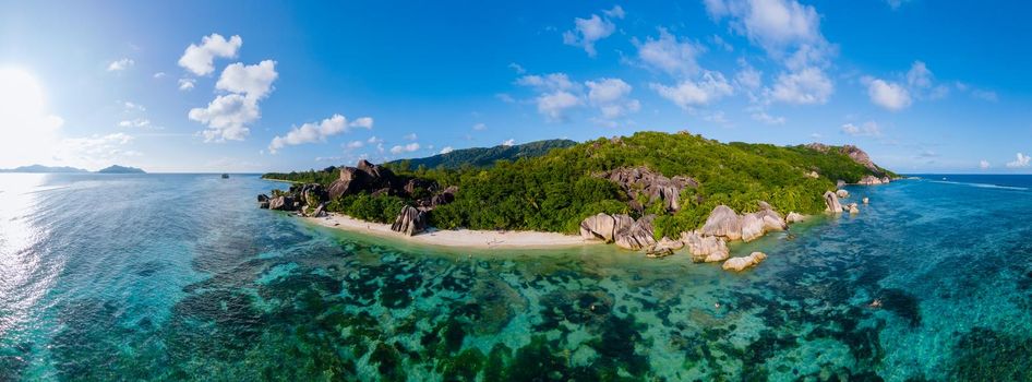 Anse Source d'Argent beach, La Digue Island, Seyshelles, Drone aerial view of La Digue Seychelles bird eye view.of tropical Island