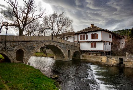 National revival bulgarian architecture. The famous bridge and house in the architectural complex in Tryavna, Bulgaria.