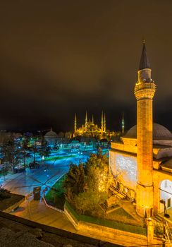 The Firuz A?a Mosque and Sultan Ahmed Mosque is known as the Blue Mosque located in the mosque complex in Istanbul, Turkey at night