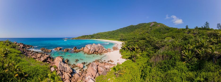 Anse Source d'Argent beach, La Digue Island, Seyshelles, Drone aerial view of La Digue Seychelles bird eye view.of tropical Island