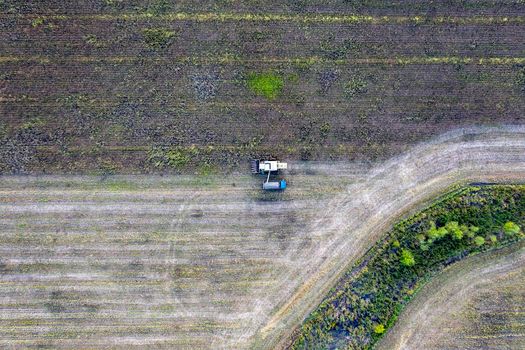 Combine harvester uploads harvest sunflower grains to dump truck. Harvesting season. Agriculture scene. Agricultural harvest field