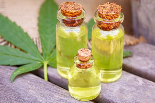 Cannabis essential oil in a small bottle. Selective focus. nature.