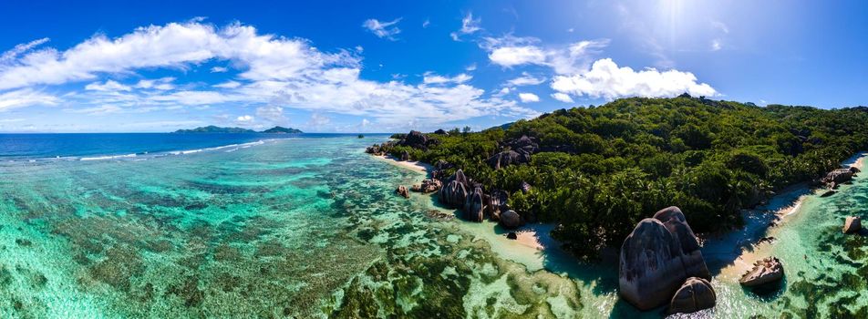 Anse Source d'Argent beach, La Digue Island, Seyshelles, Drone aerial view of La Digue Seychelles bird eye view.of tropical Island