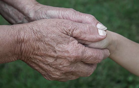 old man holding child's hands. selective focus people