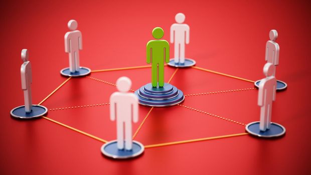 Connected people with a stand out figure at the center. 3D illustration.