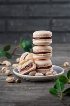 Sweet dessert - Macaroons with pistachios on a gray background