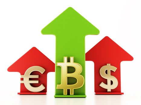 Bitcoin, dollar and euro symbols and rising arrows isolated on white background.