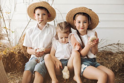 Cute sisters and brother wearing hay hats, white shirts and shorts resting and lying on hay in village. Little children looking at camera, smiling and posing. Concept of family and childhood.