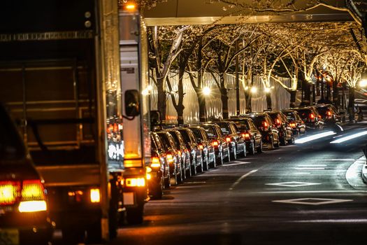 Taxi row stopping on the road shoulder. Shooting Location: Sendai, Miyagi Prefecture