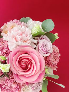 Beautiful bouquet of pink blooming flowers as holiday gift, luxury floral design concept