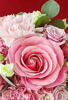 Beautiful bouquet of pink blooming flowers as holiday gift, luxury floral design concept