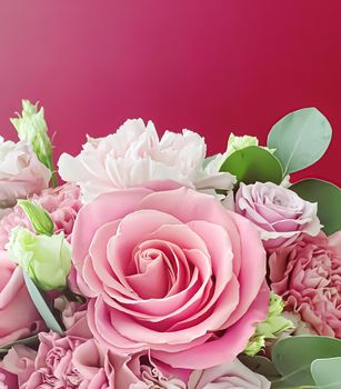 Beautiful bouquet of pink blooming flowers as holiday gift, luxury floral design concept