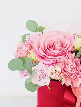 Beautiful bouquet of pink blooming flowers as holiday gift, luxury floral design concept