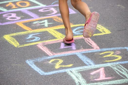 little girl plays hopscotch. Nature. selective focus