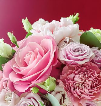 Beautiful bouquet of pink blooming flowers as holiday gift, luxury floral design concept