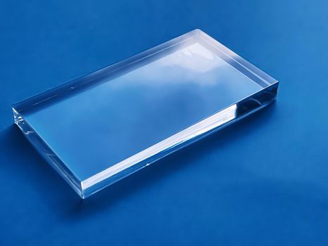 Transparent glass device on blue background, future technology and abstract screen mockup design concept