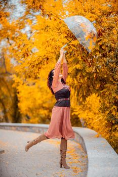 Beautiful girl in a dress with an umbrella in the autumn park. She holds him over her head, autumn leaves are falling out of him.