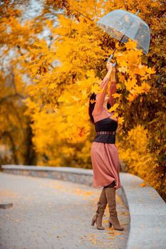 Beautiful girl in a dress with an umbrella in the autumn park. She holds him over her head, autumn leaves are falling out of him.