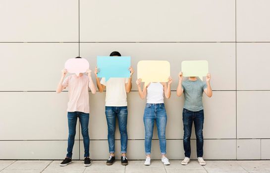 group friends holding speech bubbles