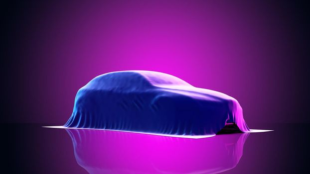Car covered with velvet in blue - pink lights: 3D illustration