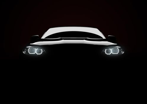 Front view of a generic and brandless modern car with lights on a black background. 3D illustration