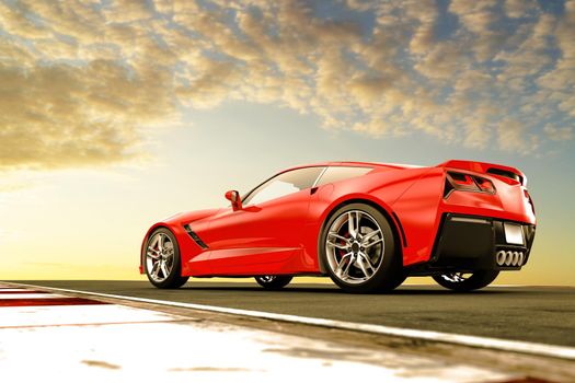 Red generic and unbranded sport car in the sunset: 3D illustration