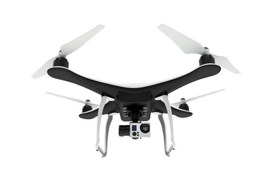 Front of a drone with digital camera flying in a white background: 3D rendering