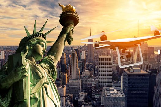 Drone with digital camera flying over statue of liberty: 3D rendering