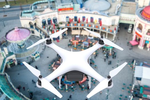 Drone with digital camera flying over a square: 3D rendering