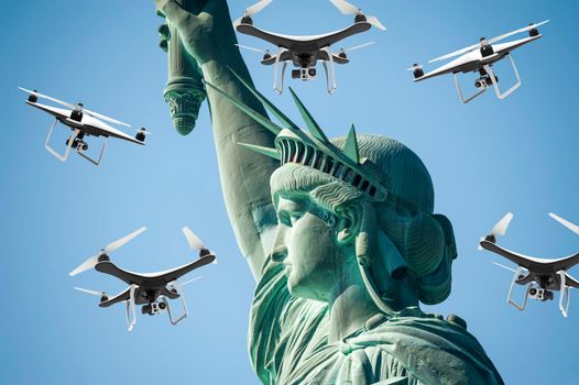 Many drones with digital camera flying around statue of liberty: 3D rendering