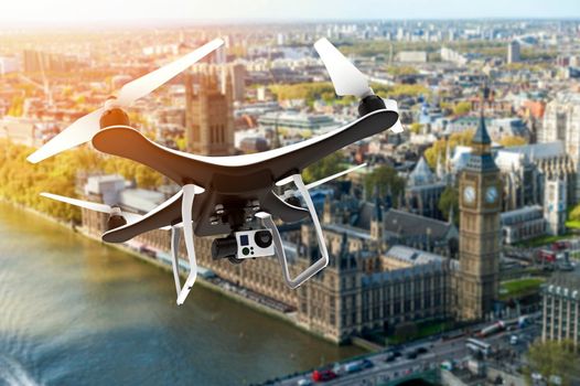 Drone with digital camera flying over London: 3D rendering