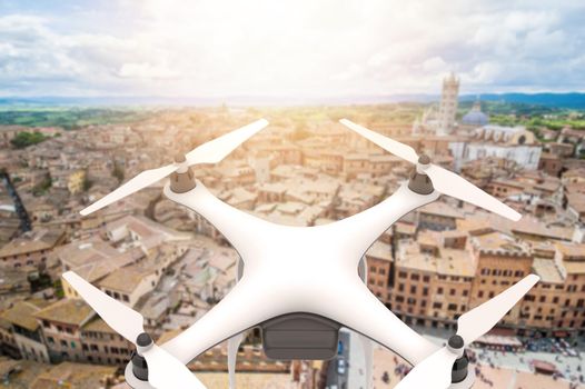 Drone with digital camera flying over an old city: 3D rendering