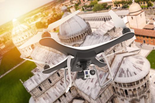 Drone with digital camera flying over an italian city: 3D rendering