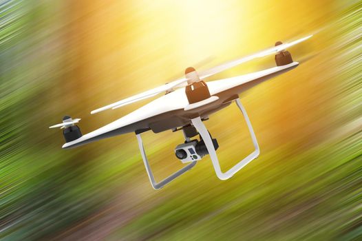 Drone with digital camera flying on a natural background: 3D rendering