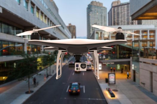 Drone with digital camera flying in a city: 3D rendering