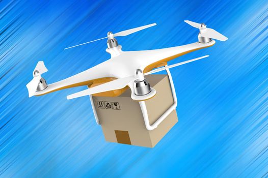Drone flying with a delivery box package on a blue background: 3D rendering