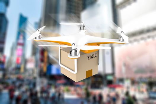 Drone flying with a delivery box package in a modern city: 3D rendering