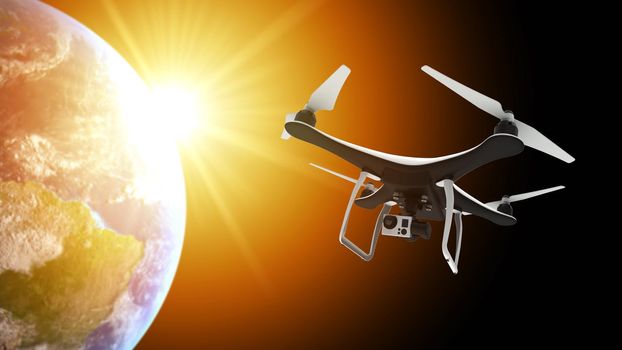 Drone with digital camera flying over Earth planet: 3D rendering