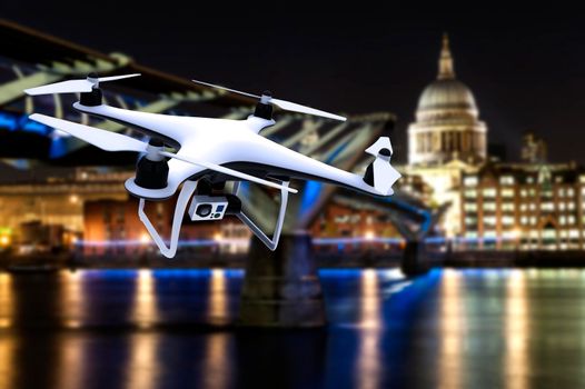 Drone with digital camera flying on an European famous city: 3D rendering
