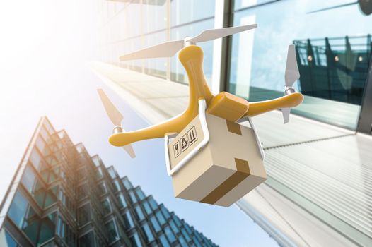 Drone with a delivery box package in a modern city: 3D rendering