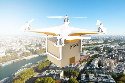 Drone flying with a delivery box package: 3D rendering