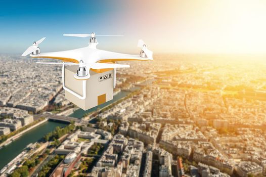 Drone flying with a delivery box package on a big city: 3D rendering