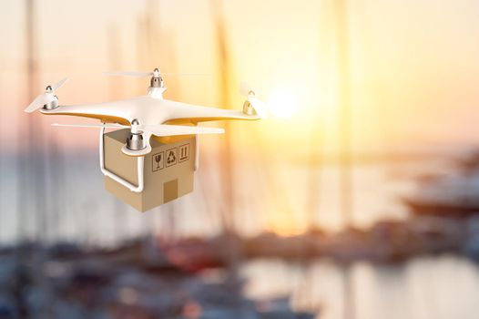 Drone flying with a delivery box package in an harbour: 3D rendering