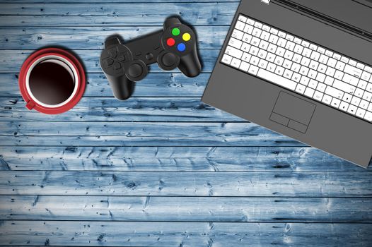 Table top view of a gamer with notebook, joypad and cup of coffee. 3D Illustration