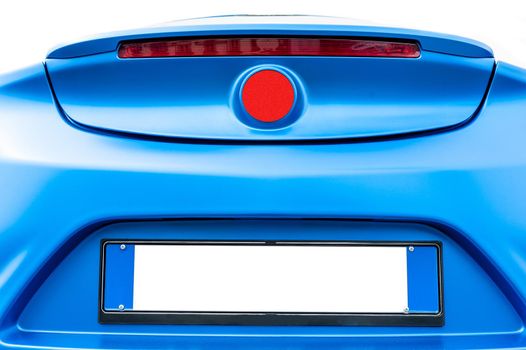 Back of a blue modern car isolated on a white background