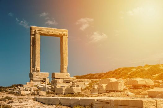 Portara of Naxos, famous landmark of greece, in the sunset